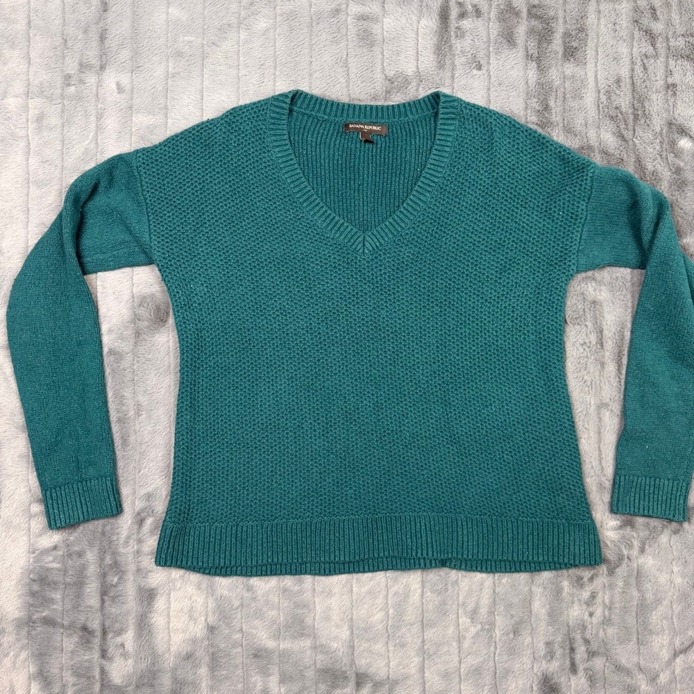 Banana Republic Womens Teal Green V-Neck Cotton Wool Blend Textured Sweater M